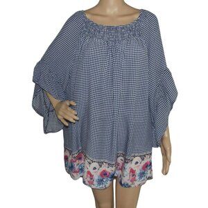 Terra&Sky Blouse 1X(16-18W)Top blue white gingham floral aztec print tunic shirt